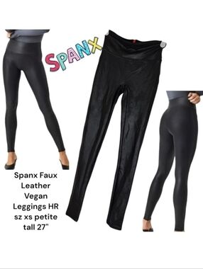 Spanx Faux Leather Vegan Black Leggings High Rise Women's XS petite tall 27"